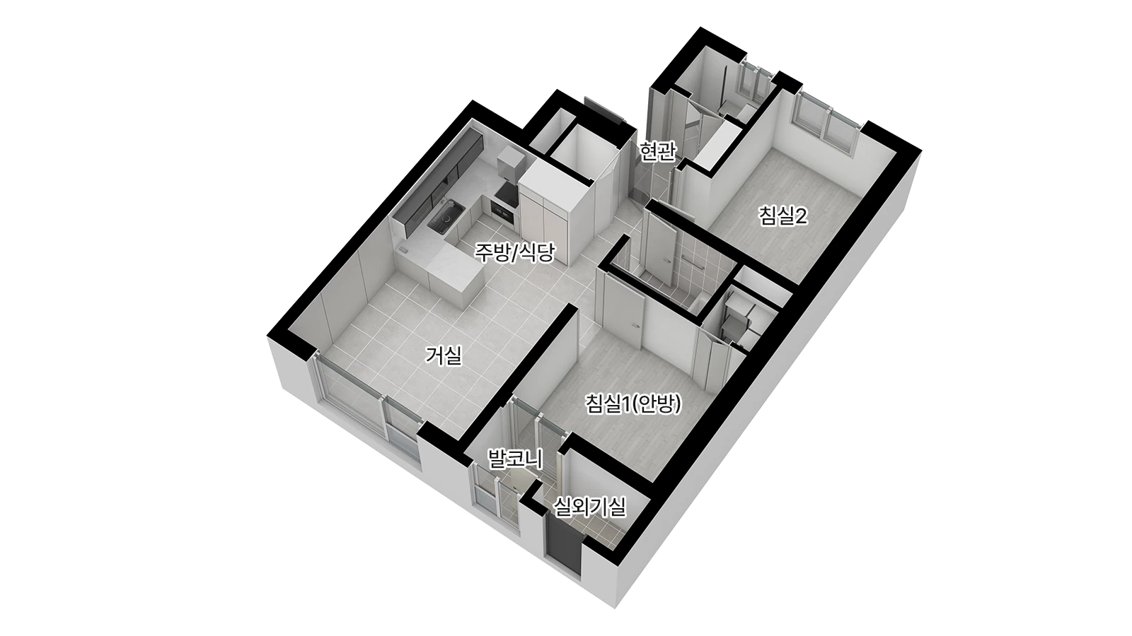 이안 라포르 더 퍼스트 강북 전용 51㎡ 아이소메트릭 평면 — 현관·주방/식당·거실·침실1(안방)·침실2·발코니